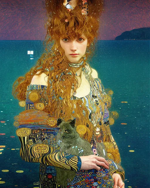 Prompt: ocean cat portrait an oil painting splashes with many colors and shapes by gustav klimt greg rutkowski and alphonse mucha, polycount, generative art, psychedelic, fractalism, glitch art