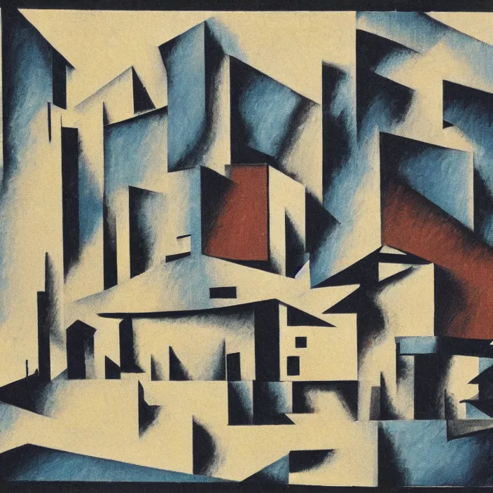 Image similar to a building in a serene landscape, cubism