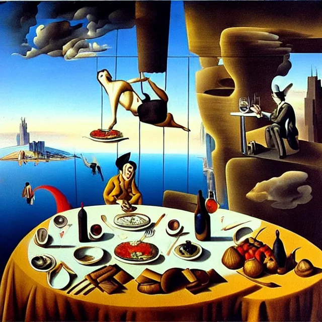 Prompt: lunch atop a skyscraper by Dali