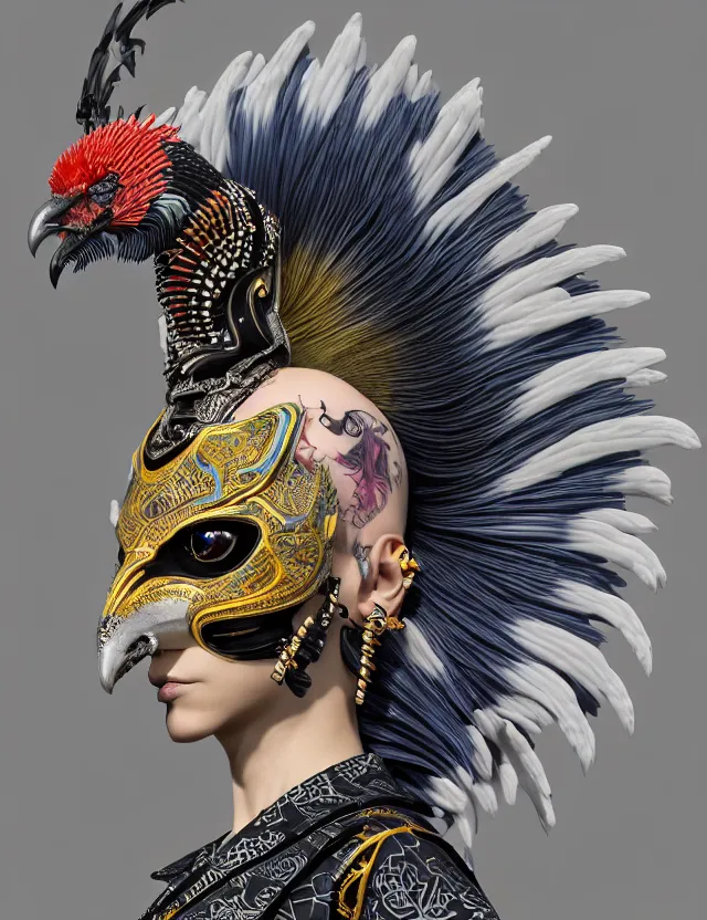 Image similar to 3 d goddess close - up profile portrait punk with mohawk with ram skull. beautiful intricately detailed japanese crow kitsune mask and clasical japanese kimono. betta fish, jellyfish phoenix, bio luminescent, plasma, ice, water, wind, creature, artwork by tooth wu and wlop and beeple and greg rutkowski