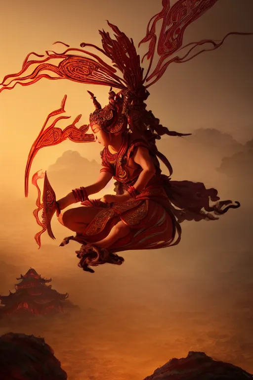 Image similar to nezha flies around swiftly on his wind flame circles in ruin chinese city, chinese mythology, sharp focus, cinematic, fantasy character portrait, highly detailed, by new gods : nezha reborn, nezha : birth of the demon child, trending on artstation, concept art, flame everywhere,