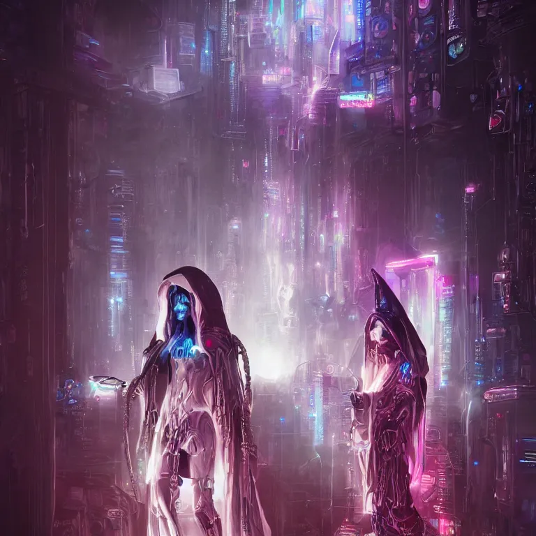 Image similar to futuristic priestess in a hooded robe full of cables and neons, cyberpunk, gothic, fantasy, science fiction, character concept art, matte painting, hyperdetailed, realistic, creepy, atmospheric, cinematic, kinemacolor