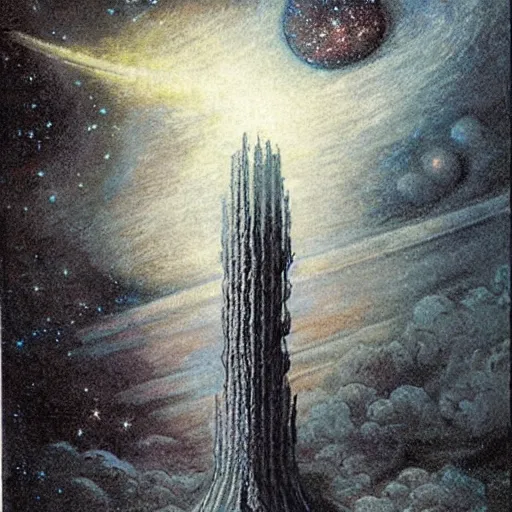 Image similar to auralwavewave tall misty galaxy cocobao crayola crayon heaven grain, by William Hogarth and Vincent Di Fate, matte painting, smooth tall fluffy hell vapor witch's garden tower phant