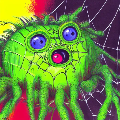 Image similar to a tennis ball monsters, spider, colorful, amazon jungle, chalk, digital art, fantasy, magic, trending on artstation, ultra detailed, professional illustration by basil gogos