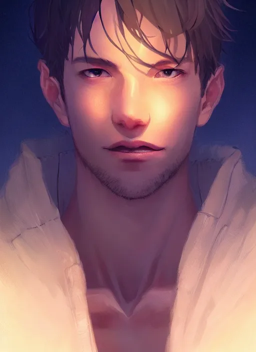 Prompt: a portrait of the most beautiful man in the world, intricate, tone mapped, ambient lighting, highly detailed, digital painting, artstation, concept art, 4 k, god rays, stunning beautiful, glowing eyes, sharp focus, by makoto shinkai and akihiko yoshida and hidari and wlop