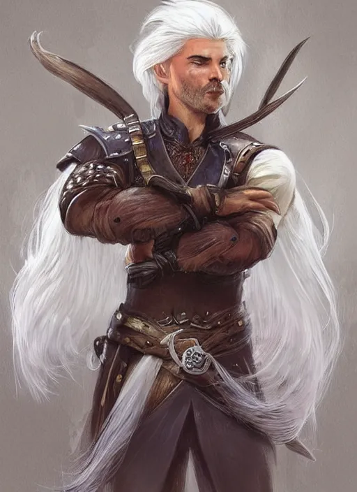 Image similar to tristan fulcher livedoce young man with short white fringe white hair and moustache, dndbeyond, bright, colourful, realistic, dnd character portrait, full body, pathfinder, pinterest, art by ralph horsley, dnd, rpg, lotr game design fanart by concept art, behance hd, artstation, deviantart, hdr render in unreal engine 5