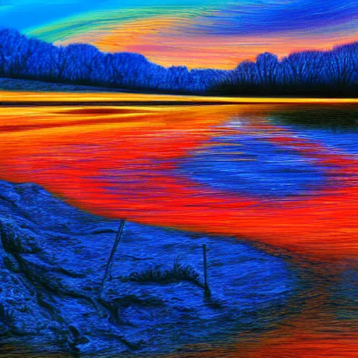 Prompt: a river runs here, a fiery river, from east to west, from west to north. over that river the fiery river drives the light. light transports souls. award - winning, very trending, esoteric art, 2 k, 4 k, pen and pencil