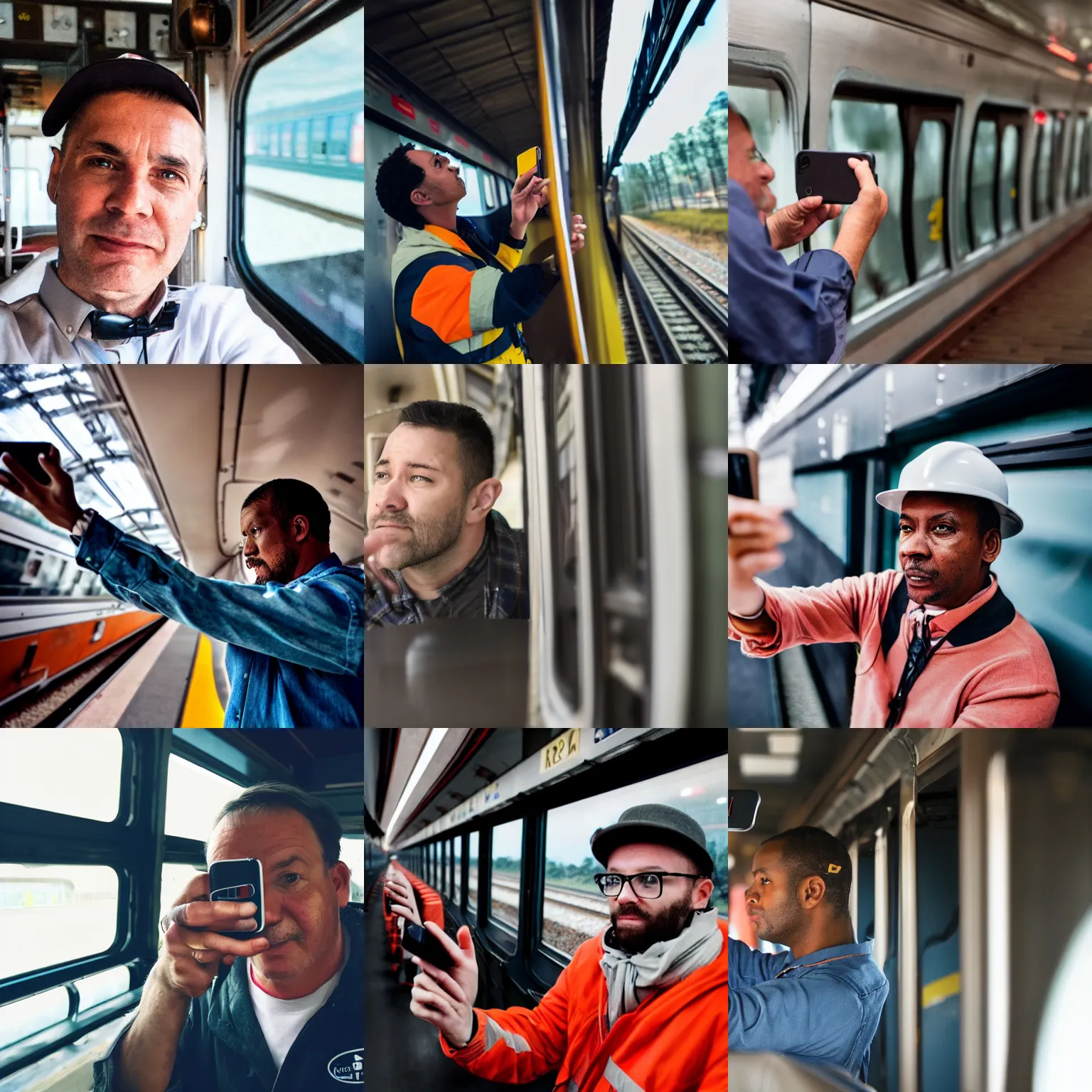 Prompt: a train driver taking a selfie, cinematic, 8K