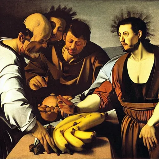 Image similar to doctors doing a operation on a cartoonish banana, caravaggio