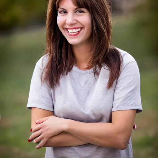 Prompt: woman with brown hair smiling, photograph