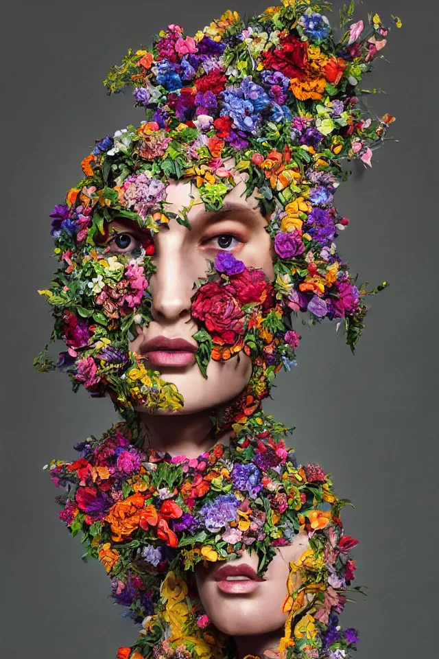Prompt: a sculpture made of vine and colorful flowers, bust, single portrait, queen, future, epic, harper's bazaar, vogue, magazine, insanely detailed and intricate, concept art, ornate, luxury, elite, elegant, trending on artstation, by Ruan Jia, Kenneth Willardt, Ross Tran, WLOP, Andrei Riabovitchev.