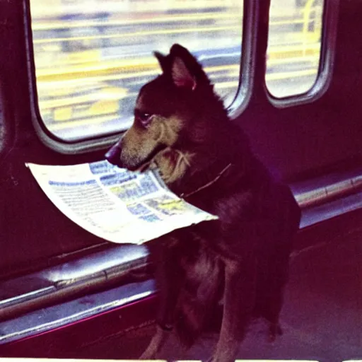 Image similar to a dog reading the newspaper on a subway train in new york, 1 9 7 0 colour photography
