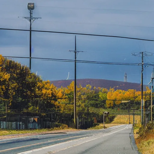 Prompt: a road next to warehouses, and a hill background with a radio tower on top, 3 0 0 mm telephoto lens