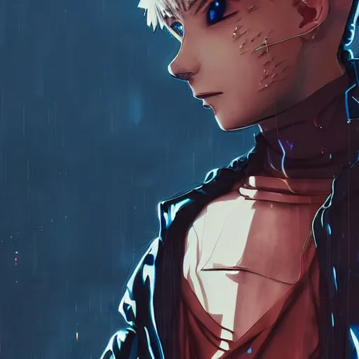 Image similar to killua zoldyck, streetwear, techwear, cyberpunk style outfit, scifi, blue & red side lighting, full body, nose piercing, detailed portrait, intricate complexity, by greg rutkowski, artgerm, ross tran, conrad roset, takato yomamoto, ilya kuvshinov. 4 k, beautiful, aesthetic octane render, cinematic dramatic atmosphere