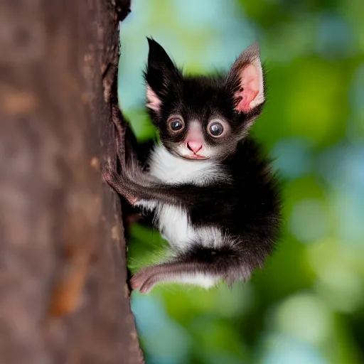 Image similar to a bat kitten, in a tree, Canon EOS R3, telephoto, very detailed, 4k