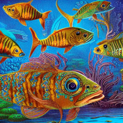 Image similar to fish swimming through a flooded under water city, surrealism, deep aesthetic, abstract realism, highly ornate intricate details, 1 9 2 0's colored pencil, 4 k, cinematic lighting,