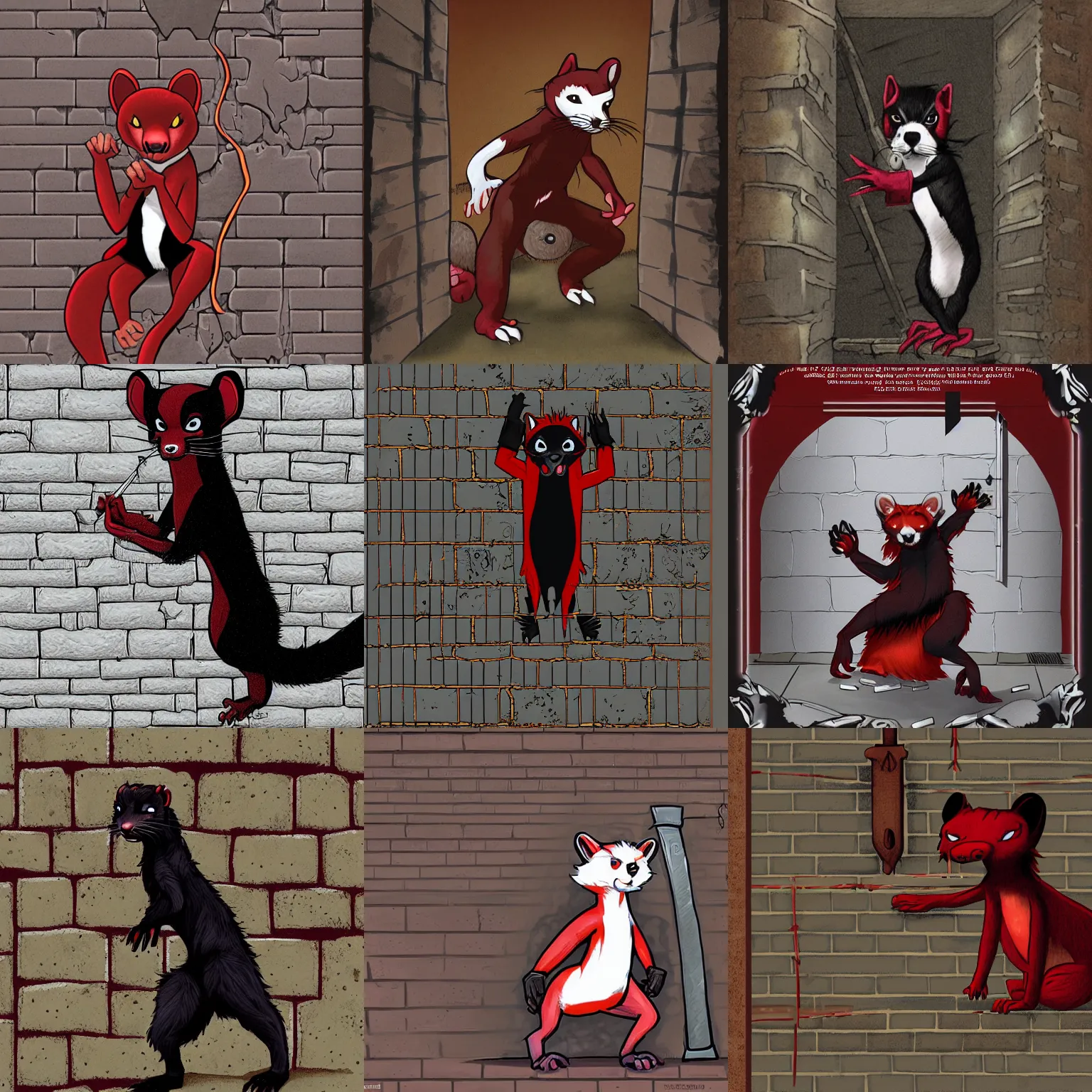 Prompt: world of darkness sourcebook illustration of an anthropomorphic red - and - black weasel - ferret - stoat fursona ( from the furry fandom ) dressed in prisoner's regalia, scratching and chiseling on a prison cell wall creating cracks