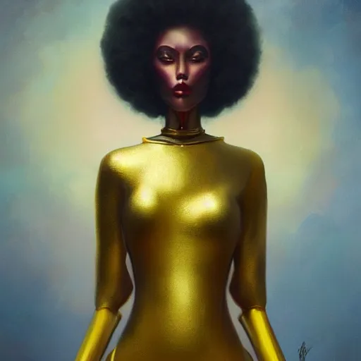 Image similar to a beautiful female robot, elegant pose, afro, gold wax melting, by Anato Finnstark, Tom Bagshaw, Brom