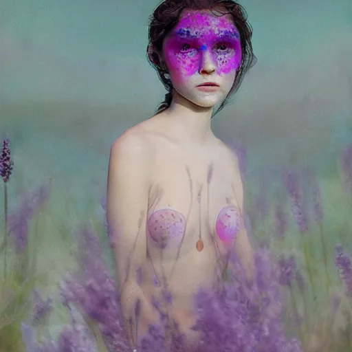 Prompt: a girl with three eyes : : on 5 translucent luminous spheres, full of floral and berry fillings, in an ocean of lavender color by rene margitte