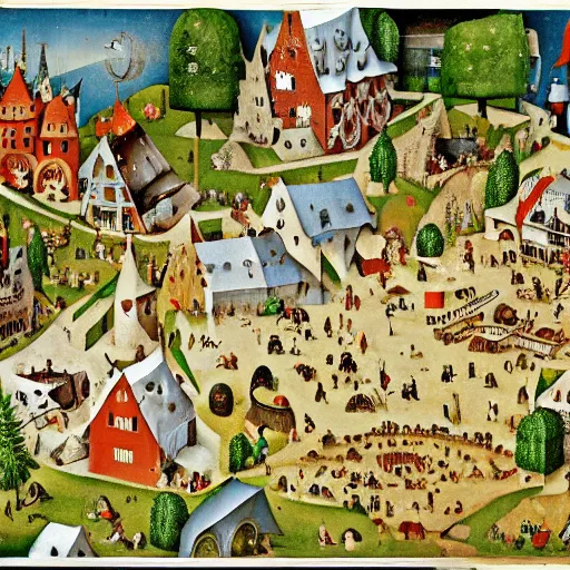 Prompt: santas village by hieronymus bosch, isometric view, whimsical, colorful,