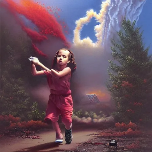 Prompt: a disappearing running child holding scissors in hand disappears evaporates dissolves into vapor, mist, smoke, blood drops and spatter, a detailed matte painting by John Philip Falter and Jason Edmiston