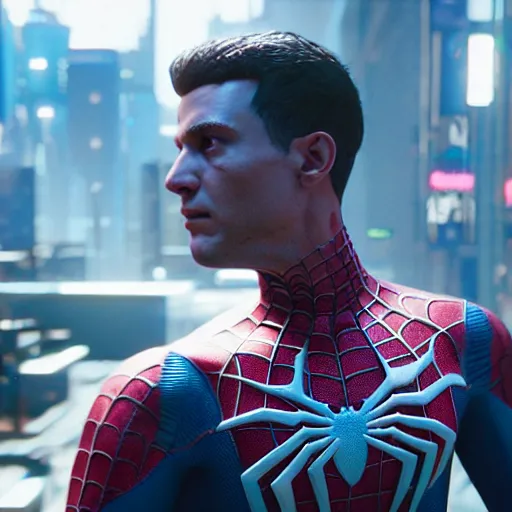 Image similar to a film portrait still of spiderman from cyberpunk 2 0 7 7 unrealengine 5. realism, cinematic lighting, highly detailed spider - man, 4 k. 8 mm. grainy. panavision.