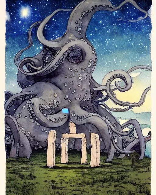 Image similar to a hyperrealist studio ghibli watercolor fantasy concept art. in the foreground is a giant grey octopus building and putting stones in to place on top of stonehenge with a starry sky. by rebecca guay, michael kaluta, charles vess