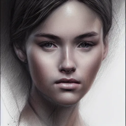 Image similar to face of a beautiful young woman, pencil art, ink and pencil, hyperrealistic, hyperdetailled, digital art, greg rutkowski, artstation, 8 k, beautiful drawing, paper texture