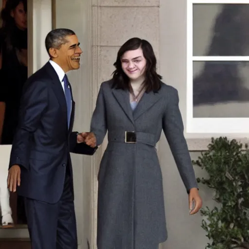 Image similar to paparazzi photo of arya stark high fiving barrack obama