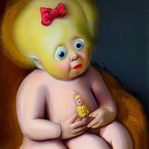Image similar to Painting of a glowing kewpie doll that looks like Big Bird, painted in the style of Watteau with sad minion eyes