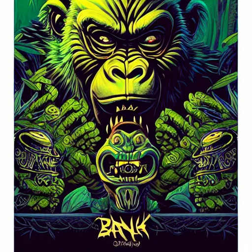 Image similar to barong family member, wiwek, mara demon, one single tribe member, jungle, one single mask, dark, ancient warrior, gorilla in jungle, lizard, tribal, fists, inner glow, art by dan mumford and justin gerard