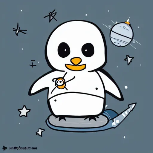 Prompt: cute drawing of a penguin baby on an astronaut suit, helmet on, floating on space, minimalist cartoon style, solid color