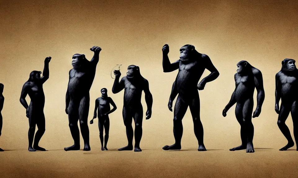 Prompt: Five apes against two millionaires wearing tuxedos. Hieroglyphs.