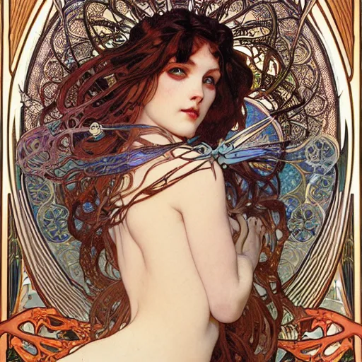 Prompt: realistic detailed face portrait of Lilith by Alphonse Mucha, Ayami Kojima, Amano, Karol Bak, Greg Hildebrandt, and Mark Brooks, Art Nouveau, Neo-Gothic, gothic, rich deep colors