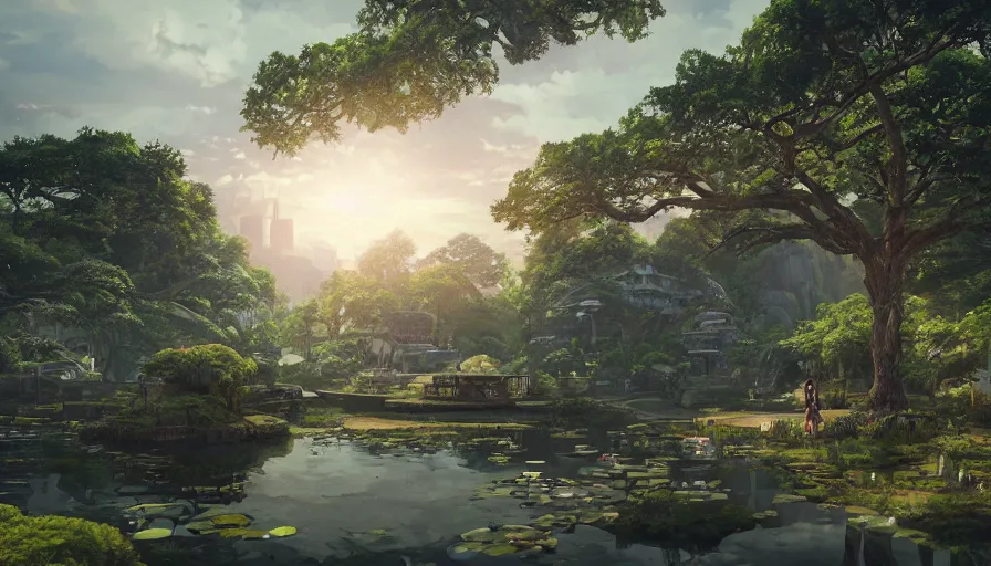 Image similar to an alien city with a pond, beautiful ancient trees, hiding large treasure chest, serene evening atmosphere, soft lens, soft light, cel - shading, animation, in the style of cgsociety, deviantart, artstation, zbrush, cinema 4 d, studio ghibli, akihiko yoshida, atelier lulua, masamune shirow