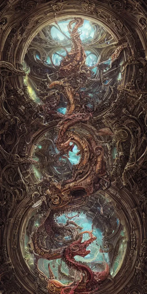 Image similar to enormous colorful Ouroboros floating around inside an ancient mage castle hall colossal scale, gothic and baroque, brutalist architecture, ultradetailed, intricate details by Ellen Jewett and Ayami Kojima