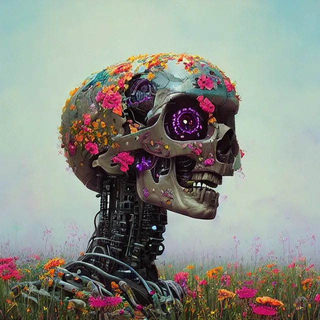 Image similar to a beautiful portrait painting of a cyberpunk robot skull in a field of flowers by simon stalenhag