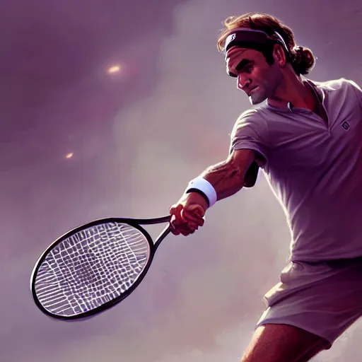 Image similar to roger federer playing tennis as a hero, picture by greg rutkowski, dynamic pose, intricate, futuristic, fantasy, elegant, by stanley artgerm lau, greg rutkowski, thomas kindkade, alphonse mucha, loish, norman rockwell,