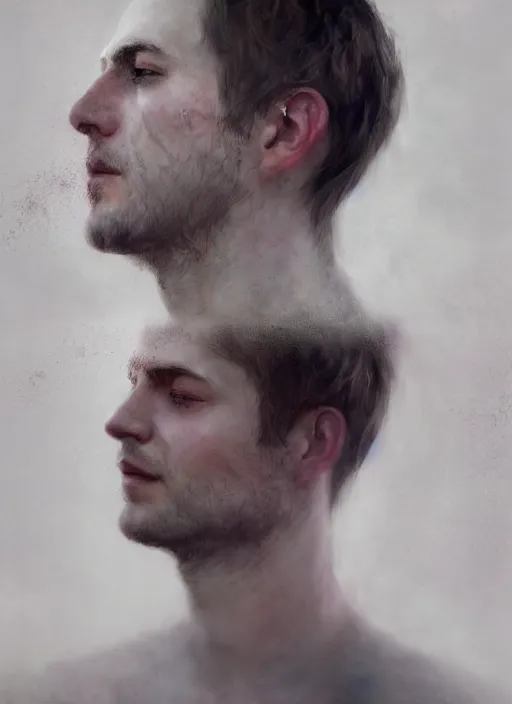 Prompt: a profile portrait of a man, face being ripped in two, particulates, motion blur, digital art, highly detailed, by alyssa monks and charlie bowater