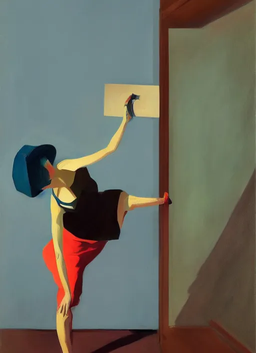 Prompt: woman with hammers instead of hands walking upsidedown by Edward Hopper and James Gilleard, highly detailed