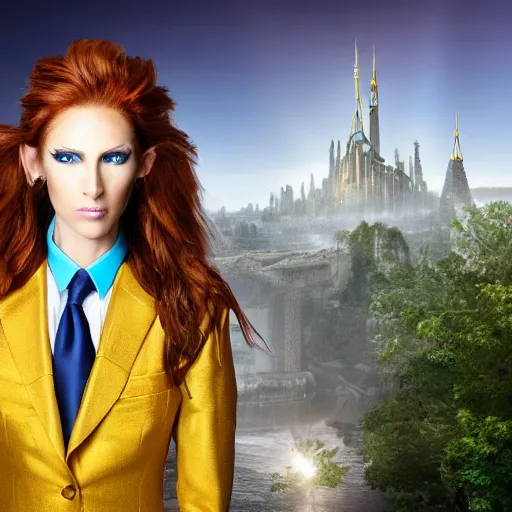 Prompt: portrait of a beautiful androgynous actress with long messy spiked auburn hair, golden eyes, and tufted elf ears and dressed in a blue men's suit with a yellow tie, standing on a stone bridge with a fantasy metropolis of tall stone towers in the background