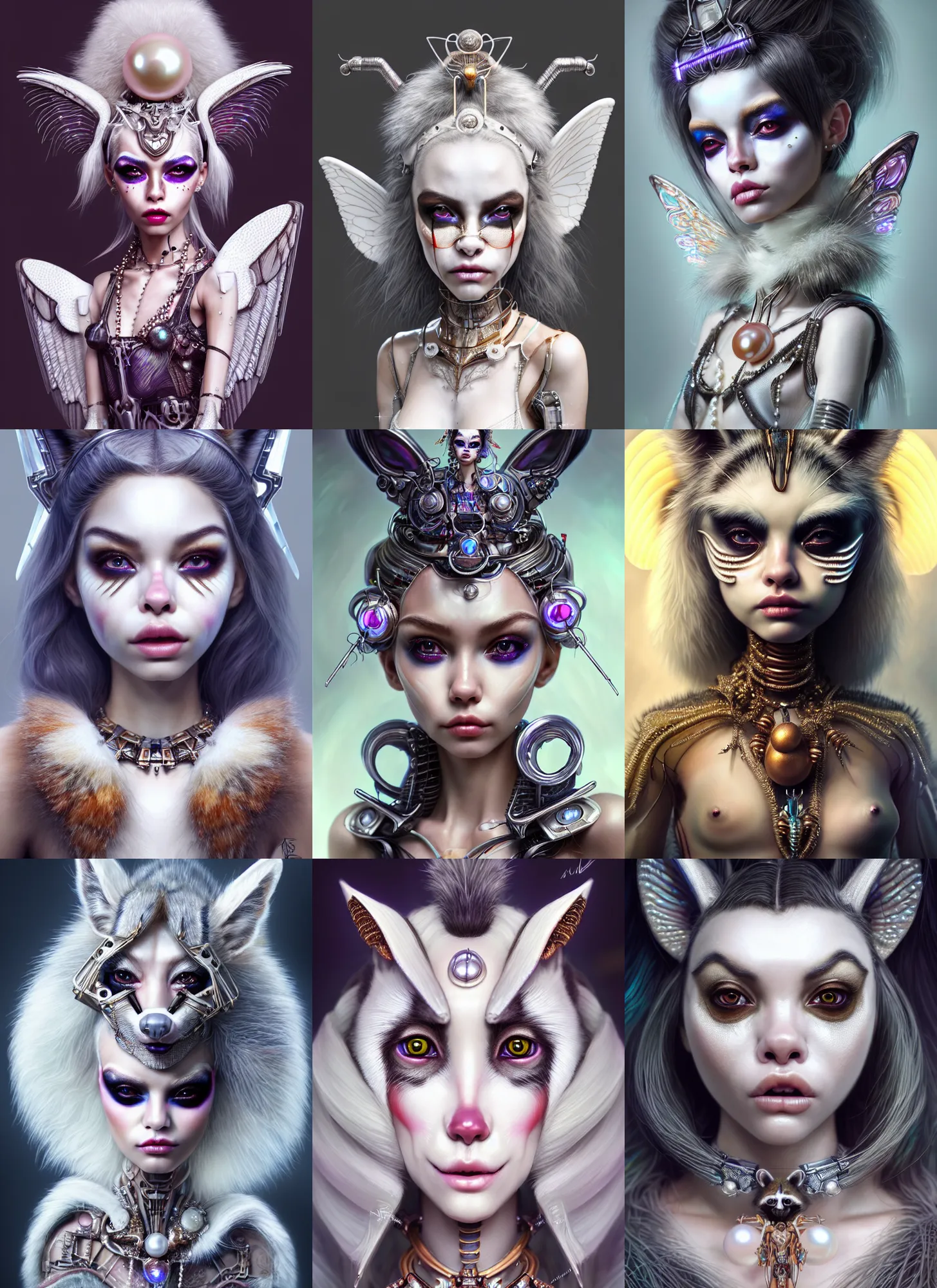 Prompt: ultra realistic weta portrait, beautiful porcelain white honey clowncore pearl oled raccoon angel madison beer cyborg woman with elaborate jewelry, sci - fi, fantasy, cyberpunk, intricate, elegant, highly detailed, digital painting, ever after high, octane render, artstation, concept art, smooth, sharp focus, illustration, art by artgerm and loish and wlop