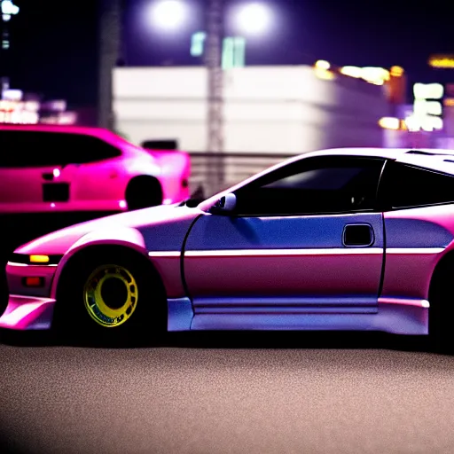 Image similar to a car 300ZX twin turbo drift at illegal car meet, Shibuya prefecture, city midnight mist lights, cinematic lighting, photorealistic, highly detailed wheels, high detail