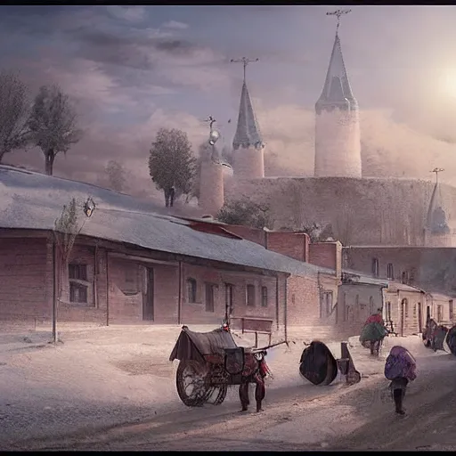 Prompt: matte painting of russian small town in steppes by stephan koldi