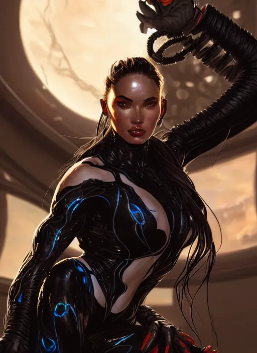 Image similar to portrait of apex legends, venom megan fox, intricate, elegant, glowing lights, highly detailed, digital painting, artstation, glamor pose, concept art, smooth, sharp focus, illustration, art by artgerm and greg rutkowski, artey freytag