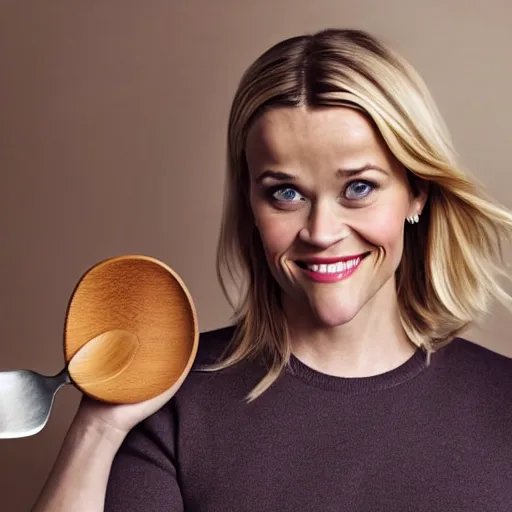 Image similar to reese witherspoon, holding a spoon, wooden spoon, cutlery, photography, smiling, portrait, soft focus