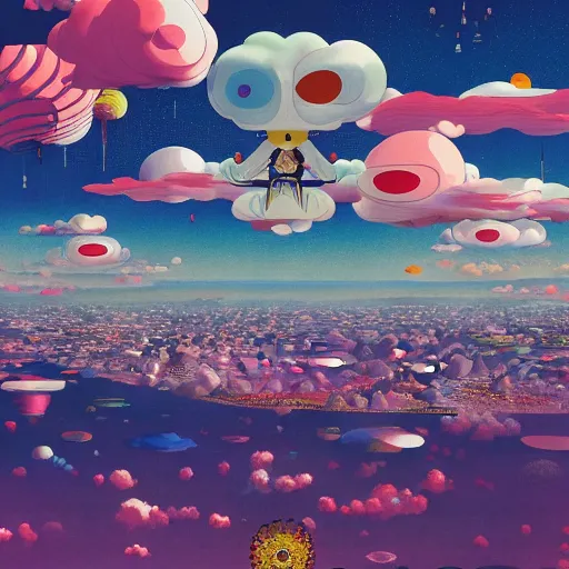 Image similar to a man walking on clouds away from the camera above kyoto by takashi murakami, beeple and james jean, aya takano color style, 4 k, super detailed, modern, 4 k, symmetrical