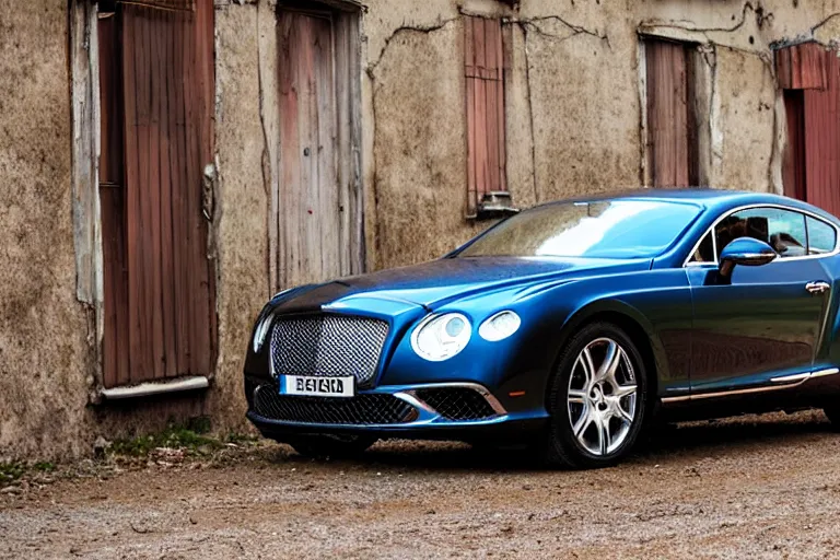 Prompt: modern rusty Bentley Continental GT without gloss no reflections drives along the road of an old Russian village with houses at the edges