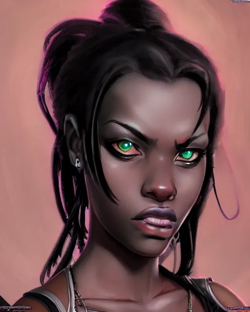 Prompt: punk rock dark - skinned young woman character portrait, by don bluth, sci - fi environment, highly detailed, dynamic shadows, 4 k, wallpaper - 1 0 2 4