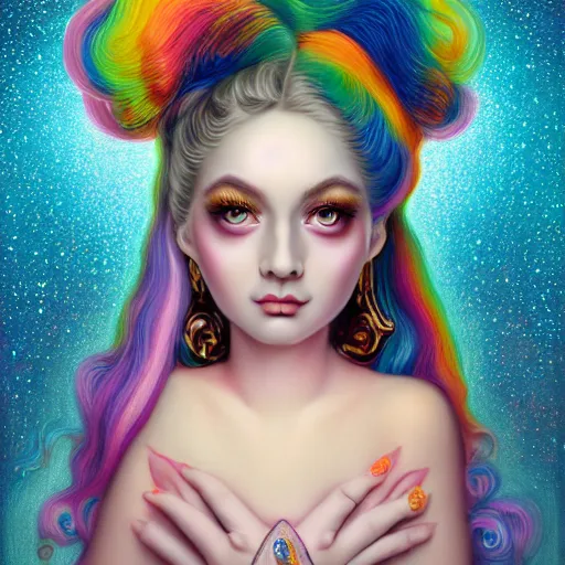 Prompt: a portrait the divine goddess of feminism, rosey cheeks, sparkles on eyelids, long rainbow hair highly detailed, ultra realistic digital painting, rococo, artstation, concept art, pop, smooth, sharp focus, illustration, art by mark ryden and lisa frank 3 d 8 k ultra detailed